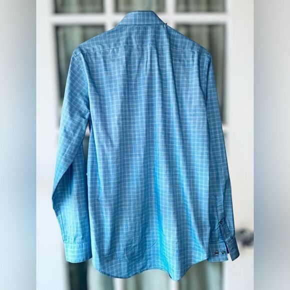 Calvin Klein Men’s Large Steel+ Slim Fit Stretch Blue Stripe Shirt • Button Up - Picture 2 of 8